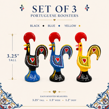Load image into Gallery viewer, Hand-Painted Portuguese Rooster Figurines, Set of 3 - 3.25" Metal Roosters
