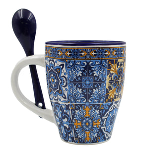 Traditional Portuguese Blue & Orange Tile Azulejo Ceramic Mug with Spoon