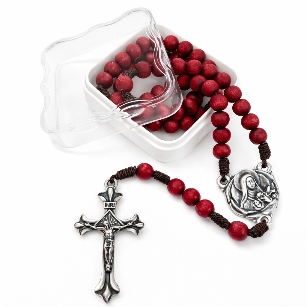 Saint Teresa of Lisieux Rosary, Rose Scented Red Wood Beads - St