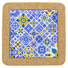 Load image into Gallery viewer, Portuguese Cork &amp; Ceramic Tile Trivet with Blue and Yellow Azulejo Design
