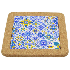 Portuguese Cork & Ceramic Tile Trivet with Blue and Yellow Azulejo Design