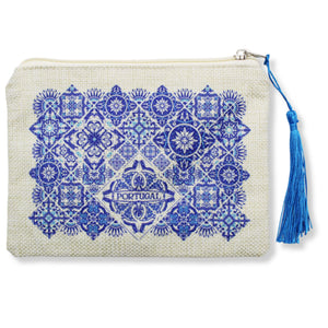 Portuguese Burlap Pouch with Blue Azulejo Tile Design and Blue Tassel