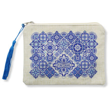 Load image into Gallery viewer, Portuguese Burlap Pouch with Blue Azulejo Tile Design and Blue Tassel
