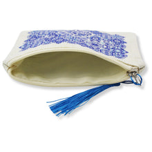 Load image into Gallery viewer, Portuguese Burlap Pouch with Blue Azulejo Tile Design and Blue Tassel
