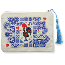 Load image into Gallery viewer, Portuguese Burlap Pouch with Barcelos Rooster &amp; Azulejo Tile Design with Blue Tassel
