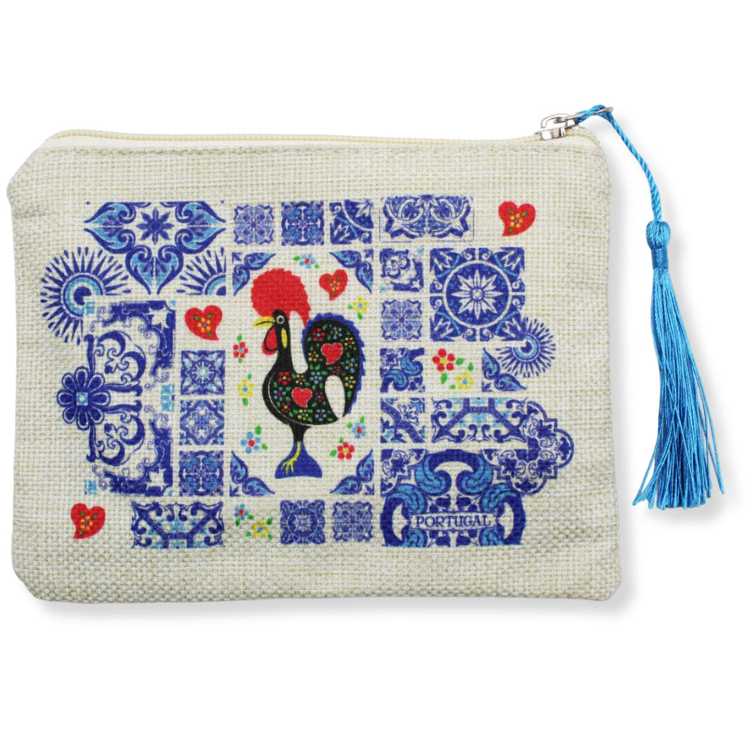 Portuguese Burlap Pouch with Barcelos Rooster & Azulejo Tile Design with Blue Tassel