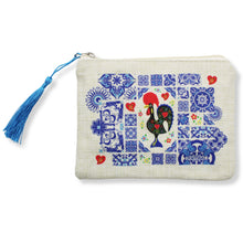 Load image into Gallery viewer, Portuguese Burlap Pouch with Barcelos Rooster &amp; Azulejo Tile Design with Blue Tassel
