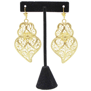 Traditional Portuguese Filigree Earrings, Gold-Color Rancho Style, Viana Heart Design