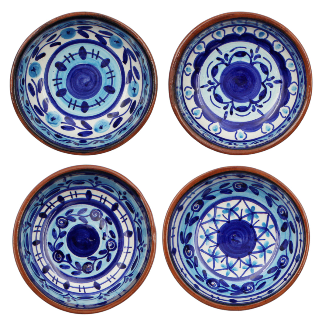 Hand-Painted Portuguese Pottery Clay Terracotta Blue Striped Mini Dip Dish Set
