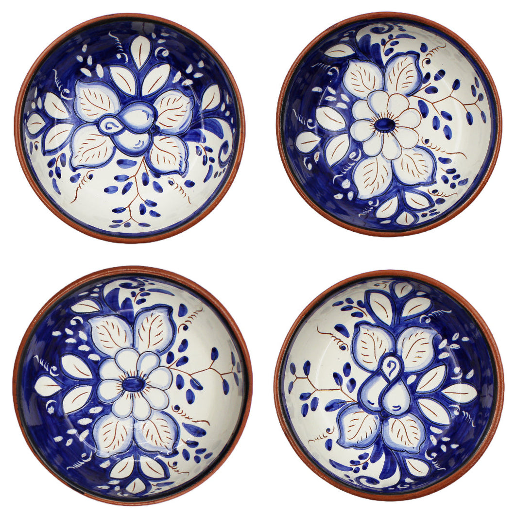 Hand-Painted Portuguese Pottery Clay Terracotta Blue Floral Small Low Bowl Set