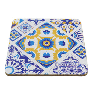 Set of 6 Portuguese Azulejo Tile Coasters with Cork Backing – Blue and Yellow Traditional Design