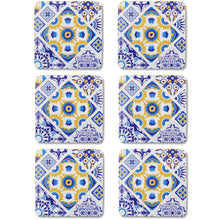 Load image into Gallery viewer, Set of 6 Portuguese Azulejo Tile Coasters with Cork Backing – Blue and Yellow Traditional Design
