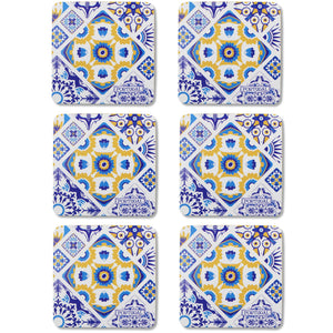 Set of 6 Portuguese Azulejo Tile Coasters with Cork Backing – Blue and Yellow Traditional Design