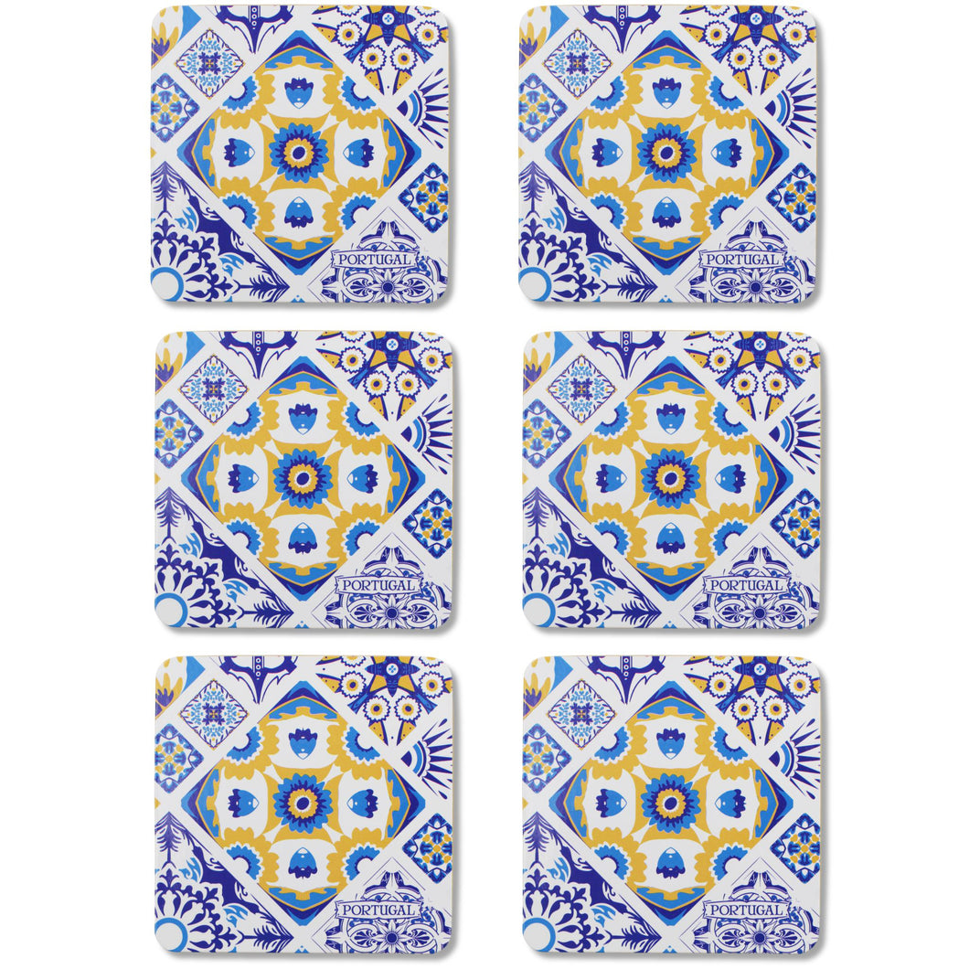 Set of 6 Portuguese Azulejo Tile Coasters with Cork Backing – Blue and Yellow Traditional Design