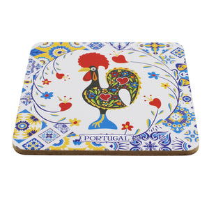 Set of 6 Portuguese Barcelos Rooster Coasters with Cork Backing, Azulejo Design