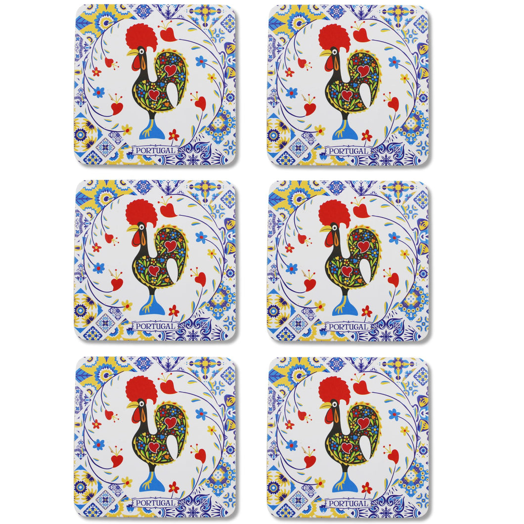 Set of 6 Portuguese Barcelos Rooster Coasters with Cork Backing, Azulejo Design