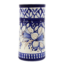 Load image into Gallery viewer, Hand Painted Terracotta Blue Floral Utensil Holder
