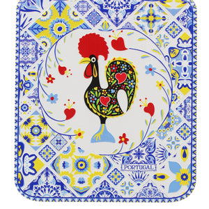 Portuguese Ceramic Decorative Serving Tray with Rooster and Azulejo Tile Design