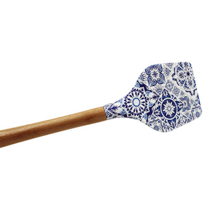 Silicone Spatula Turner with Wooden Handle - Blue & White Azulejo Design