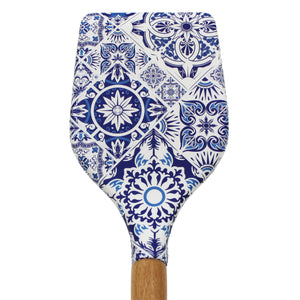 Silicone Spatula Turner with Wooden Handle - Blue & White Azulejo Design