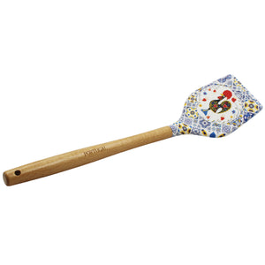 Silicone Spatula Turner with Wooden Handle - Azulejo Background & Rooster Design