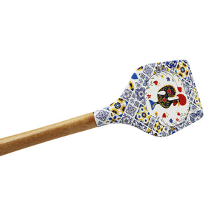 Silicone Spatula Turner with Wooden Handle - Azulejo Background & Rooster Design