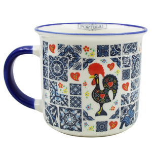 Portugal Azulejo Tile Ceramic Coffee Mug with Blue and White Pattern with Rooster Design, 12 oz.