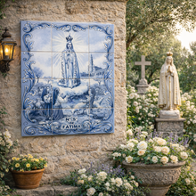 Load image into Gallery viewer, Portuguese Ceramic Tile Blue Wall Panel – Our Lady of Fátima with Shepherd Children, Blue Azulejo Border (17.6" W x 23.6" H)
