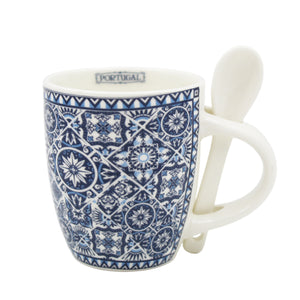 Portuguese Blue & White Azulejo - Ceramic Espresso Cup with Spoon Set