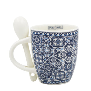 Portuguese Blue & White Azulejo - Ceramic Espresso Cup with Spoon Set