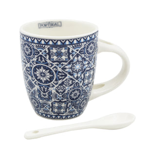 Portuguese Blue & White Azulejo - Ceramic Espresso Cup with Spoon Set