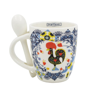 Portuguese Rooster & Azulejo - Ceramic Espresso Cup with Spoon Set