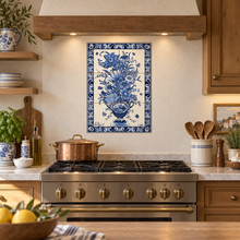 Load image into Gallery viewer, Portuguese Ceramic Tile Wall Panel – Blue Floral Vase with Azulejo Border (11.75" W x 17.6" H)
