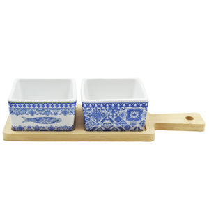 Portuguese Azulejo Style Sauce & Snack Dishes with Wooden Serving Tray, Sardine