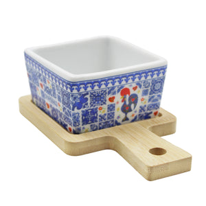 Portuguese Azulejo Style Sauce & Snack Dish with Wooden Serving Tray, Rooster