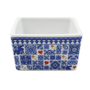 Portuguese Azulejo Style Sauce & Snack Dish with Wooden Serving Tray, Rooster