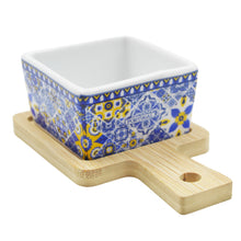 Load image into Gallery viewer, Portuguese Azulejo Style Sauce &amp; Snack Dish with Wooden Serving Tray, Blue &amp; Yellow
