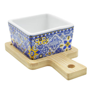 Portuguese Azulejo Style Sauce & Snack Dish with Wooden Serving Tray, Blue & Yellow