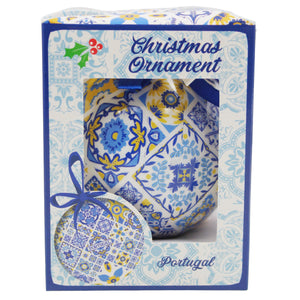 Portugal Christmas Ornament Ball with Blue and Yellow Azulejo Tile Design and Ribbon