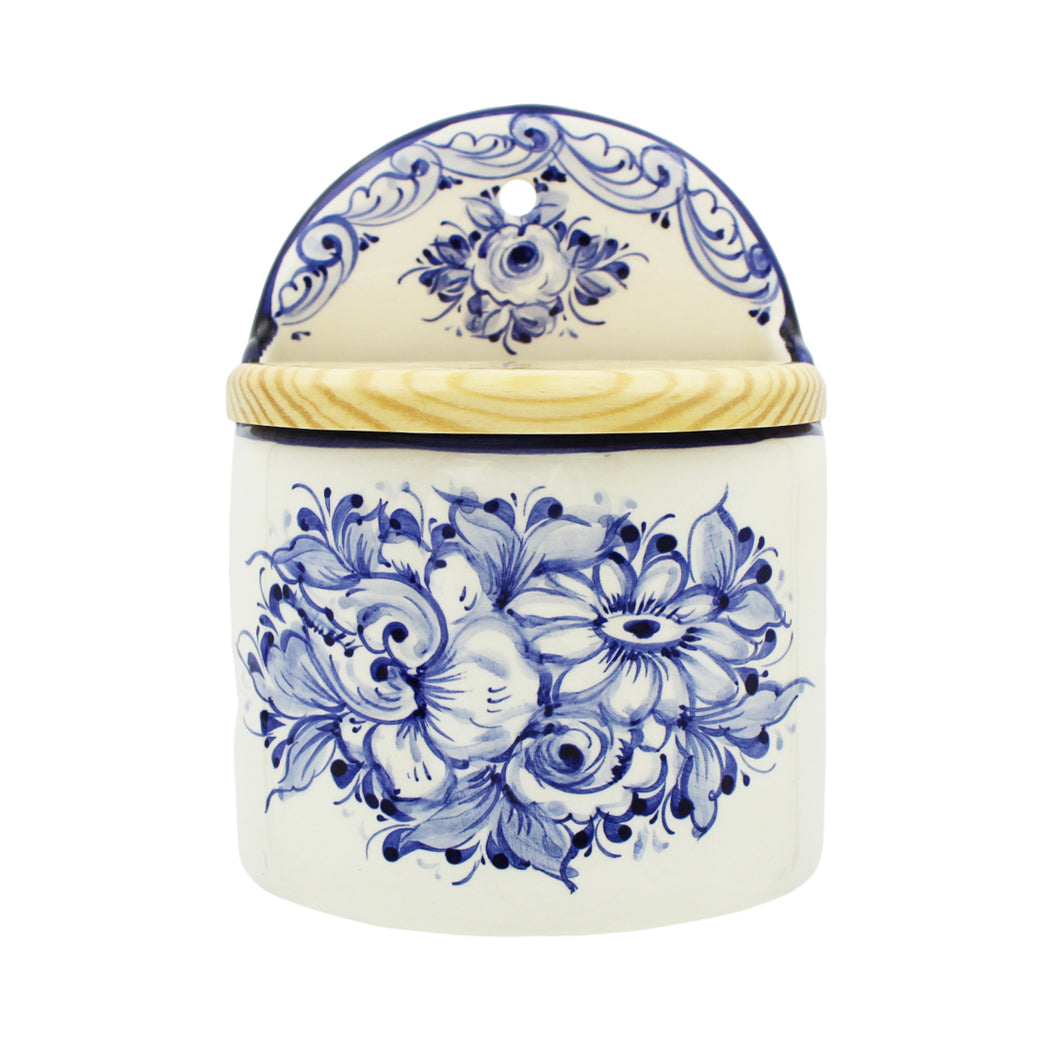 Hand-Painted Portuguese Ceramic Floral Blue and White Salt Holder