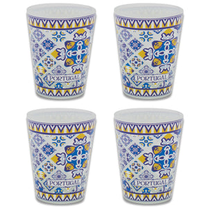 Portuguese Azulejo Pattern Glass Shot Glasses Set, Blue and Yellow - Set of 4