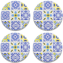 Load image into Gallery viewer, Set of 4 Portuguese Ceramic Coasters with Cork Backing – Blue Yellow Azulejo Tile Design
