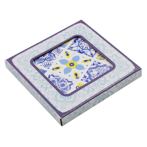 Set of 4 Portuguese Ceramic Coasters with Cork Backing – Blue Yellow Azulejo Tile Design