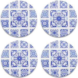 Set of 4 Portuguese Ceramic Coasters with Cork Backing – Blue White Azulejo Tile Design