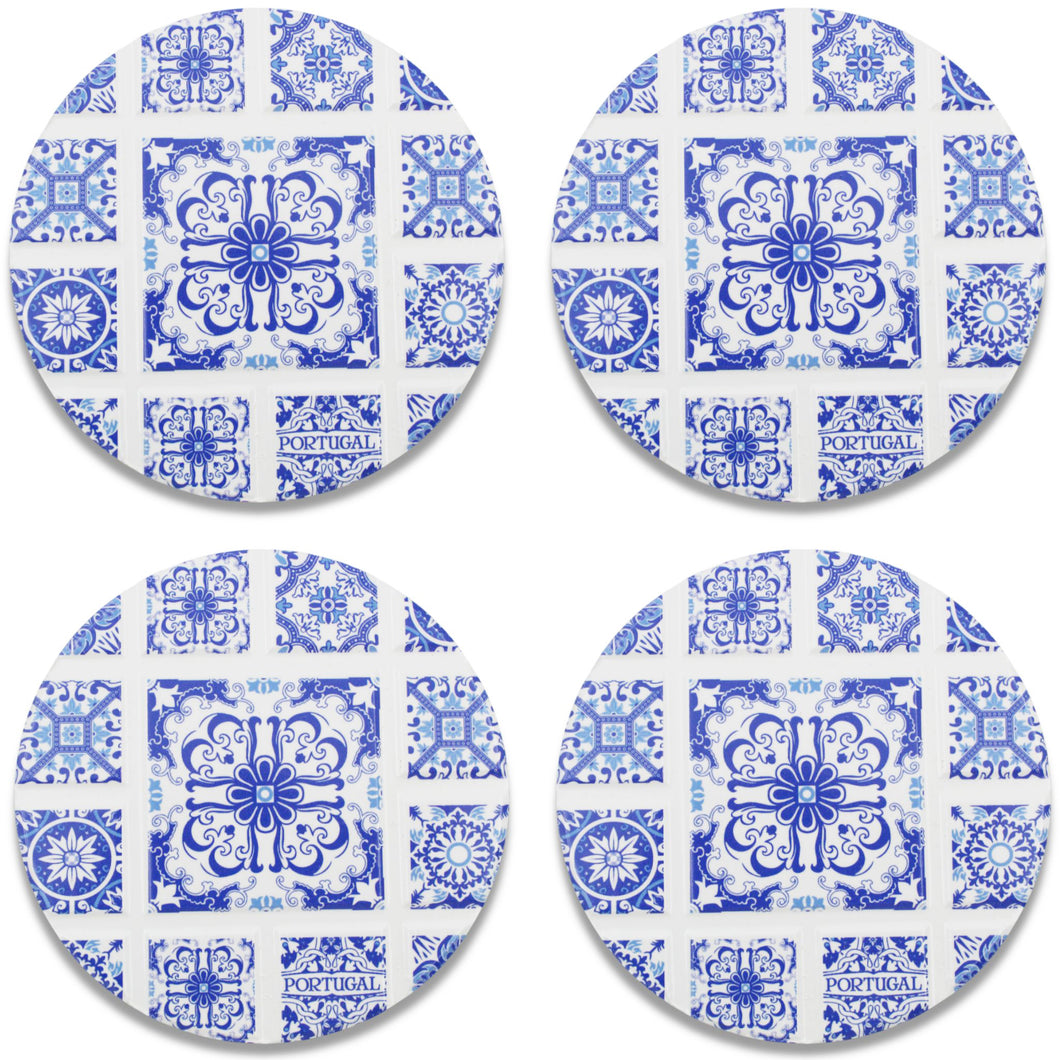 Set of 4 Portuguese Ceramic Coasters with Cork Backing – Blue White Azulejo Tile Design