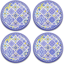 Load image into Gallery viewer, Set of 4 Portuguese Ceramic Coasters with Cork Backing – Blue Yellow Azulejo Tile Design
