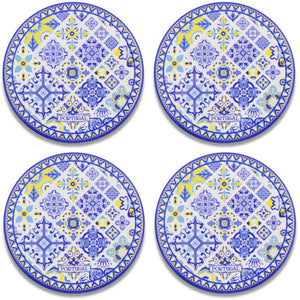 Set of 4 Portuguese Ceramic Coasters with Cork Backing – Blue Yellow Azulejo Tile Design