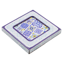 Load image into Gallery viewer, Set of 4 Portuguese Ceramic Coasters with Cork Backing – Blue Yellow Azulejo Tile Design
