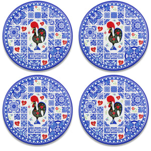 Set of 4 Portuguese Ceramic Coasters with Cork Backing – Blue Azulejo Tile Design with Barcelos Rooster