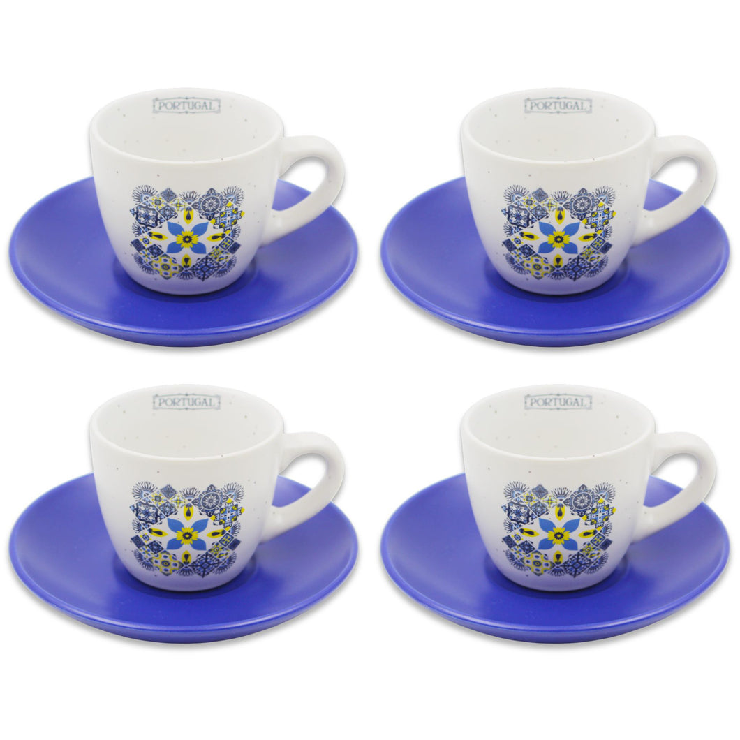 Set of 4 Portuguese Azulejo Ceramic Espresso Cup Set with Blue Saucers